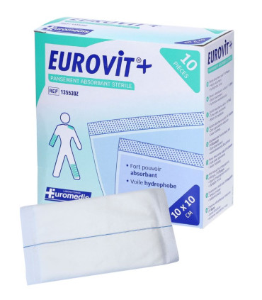 Pansement absorbant  / américain Stérile 10x10cm EUROVIT+ Boîte de 10