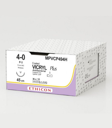 MPVCP494H - Vicryl Plus fil de suture résorbable Incolore - 4/0 (1,5) - Aiguille triangulaire inversée 3/8C - 13mm - 45cm