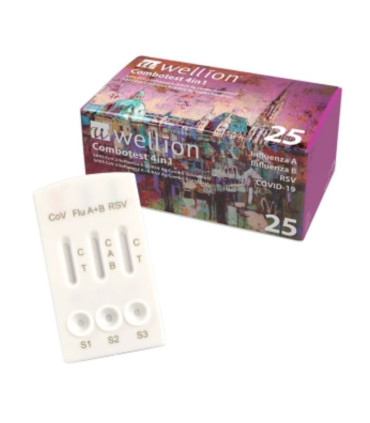 Test rapide combiné 4 en 1 SARS-CoV-2, Grippe A+B, RSV – Wellion Combotest – Boîte de 25
